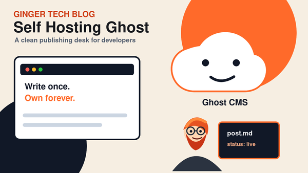 Ghost CMS writing studio with ghost mascot and ginger developer