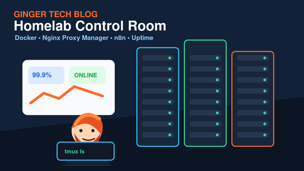Homelab control room with dashboard, server racks, and ginger tech mascot